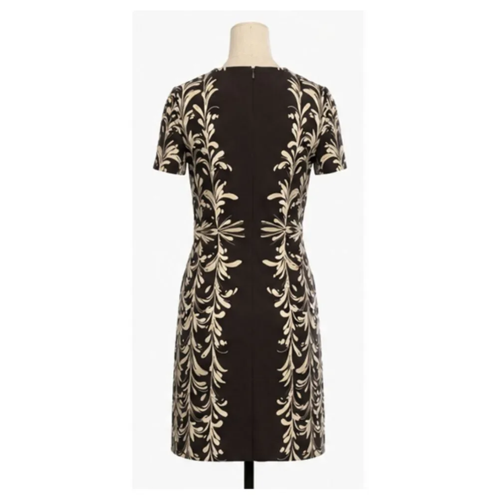 Tory Burch Printed Sheath Mini Dress XS Brown Ivory Short Sleeve Stretch
